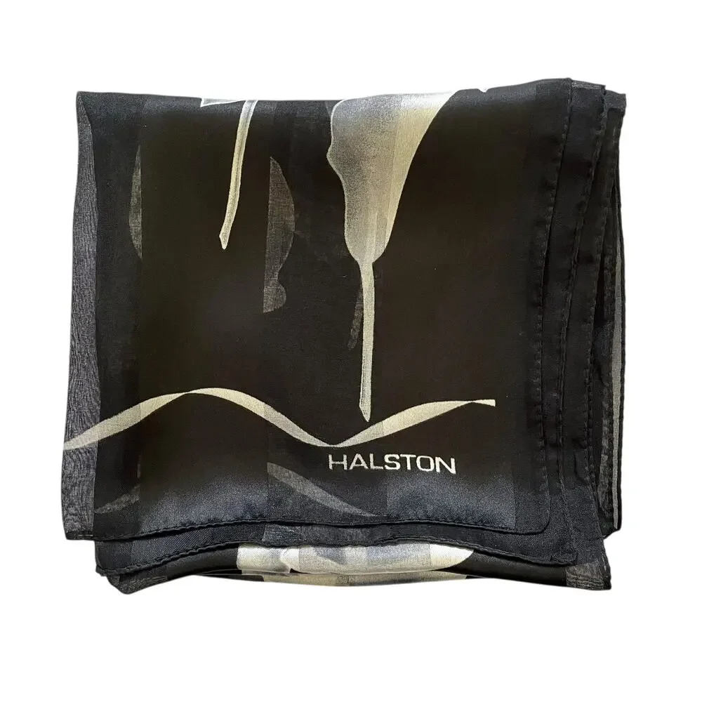 Vintage Halston Calla Lily Italian Striped Chiffon Opaque Monochrome Long Scarf
